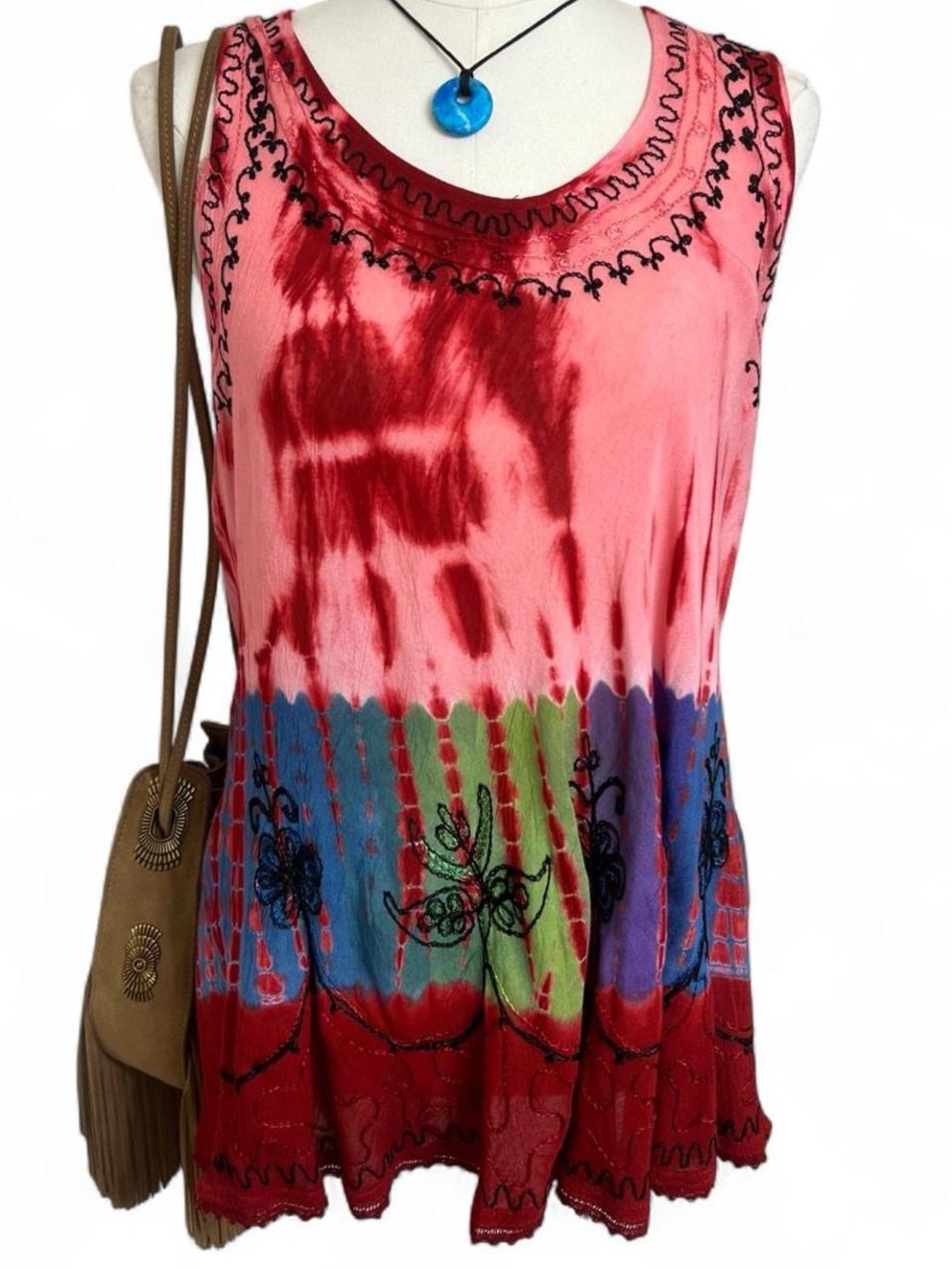 Red multicolor tiedye tank top mini dress hippie embroidered spiritual rave